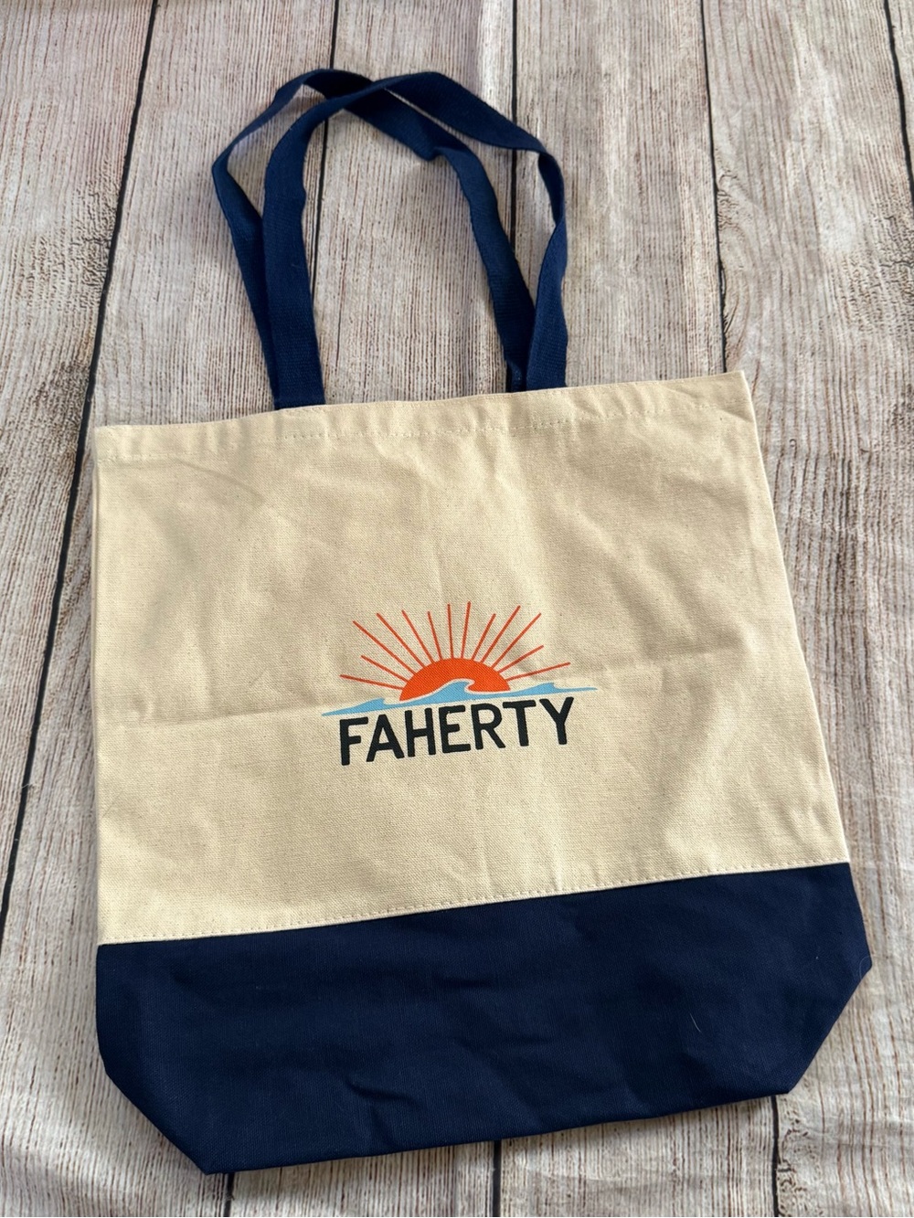 Faherty canvas reusable tote beige navy logo graphic 15.5 in x 14.5 in